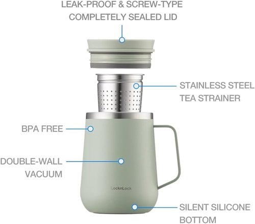 LocknLock Metro Tea Mug Violet 13oz/400ml, Tea and Coffee Mug Cups with Tea Infuser Strainer, Lid and Handle, Double Wall Stainless Steel Vacuum Insulated Travel Tumbler