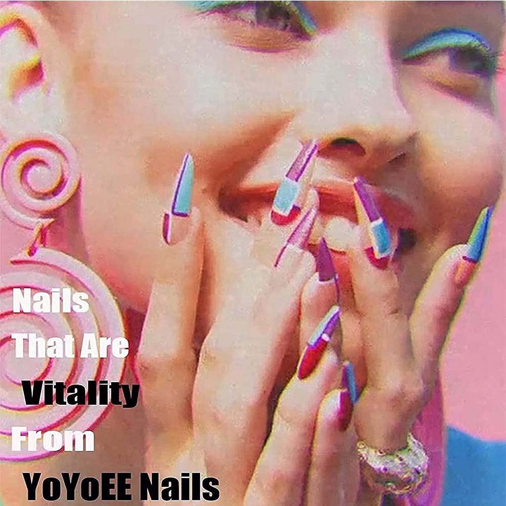 YoYoee Long Luxury False Nails Tips - Coffin Press on Nails Acrylics Full Cover Pink French Fake Nails Galaxy Nails Tips for Women and Girls 24Pcs