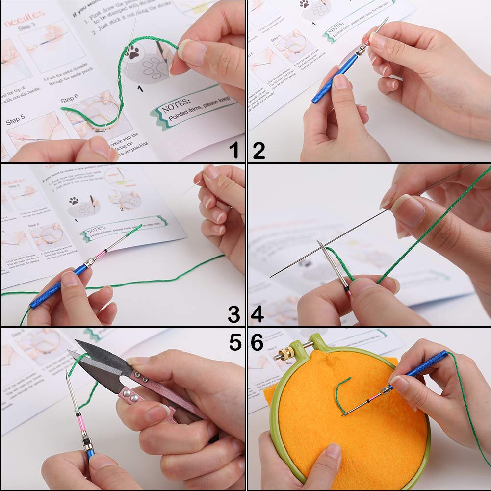 Punch Needle, 43 Pieces Punch Needle Tool and Instructions - Punch Needle Embroidery Kit with Embroidery Tools, Seam Ripper, Threader and Thimble, Needle Punch Kits for Beginners