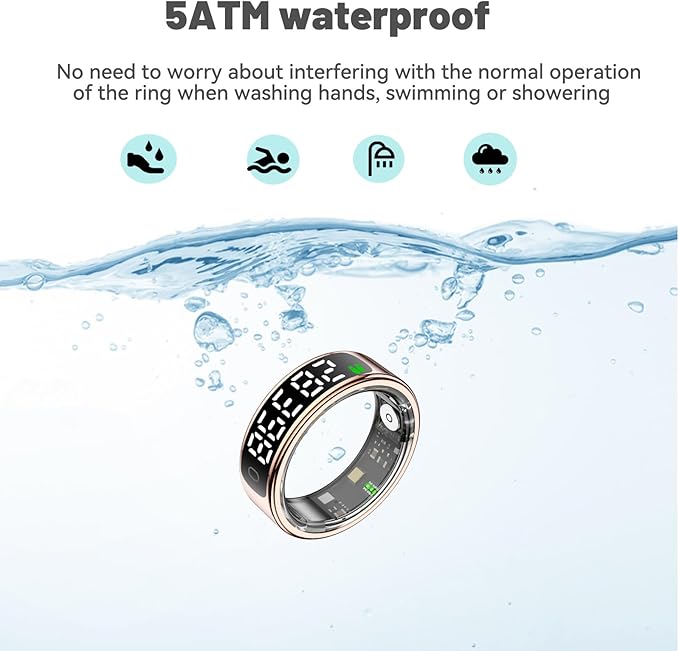 Smart Health Ring for Women Men, Smart Ring Fitness Tracker for iOS Android, Heart Rate, Blood Oxygen, Blood Pressure, Sleep Monitoring,5ATM Waterproof, No Subscription Fee (Black, 9#)
