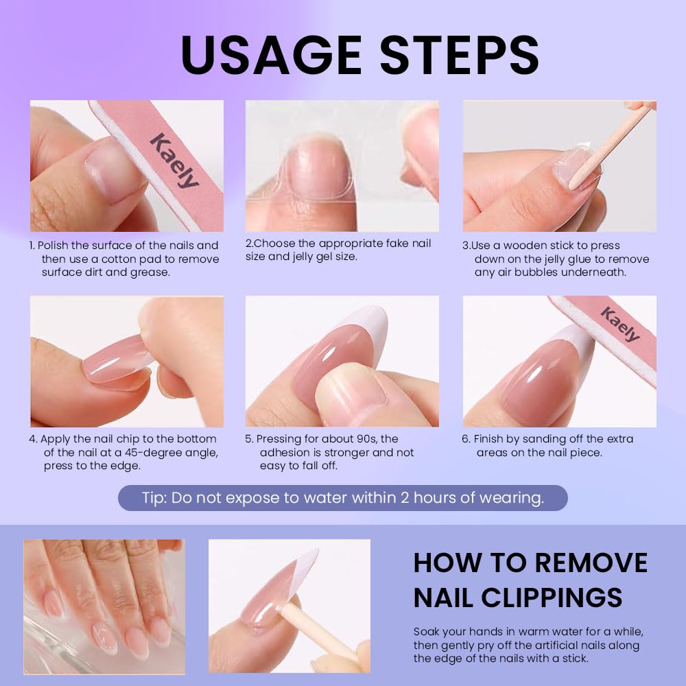 evpct French Tip Press On Nails Short Almond No Glue, Nude Gold Line & Pearl White Tips, Glossy Short Almond Fake False Press on Nails, Reusable Stick on nail Press ons Nail Kit, Salon-quality