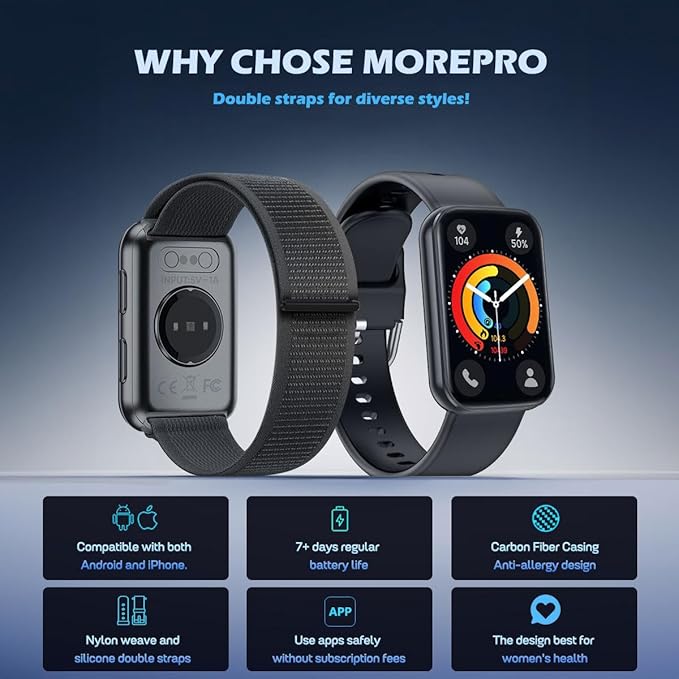 MorePro Health Fitness Tracker with Blood oxy-gen Monitor and 24/7 Heart Rate and Blood Pressure, Sleep Monitor, 120+ Sport Modes Waterproof Fitness Watch for Women Men Android iOS, Black