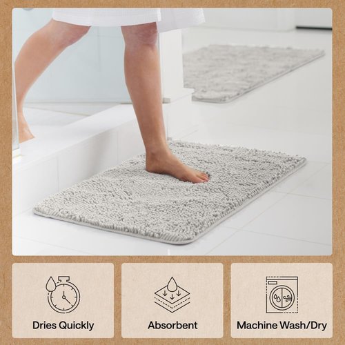 GORILLA GRIP Bath Rug Mat - Soft Absorbent Chenille | Quick Dry Microfiber, 36x24, Light Gray