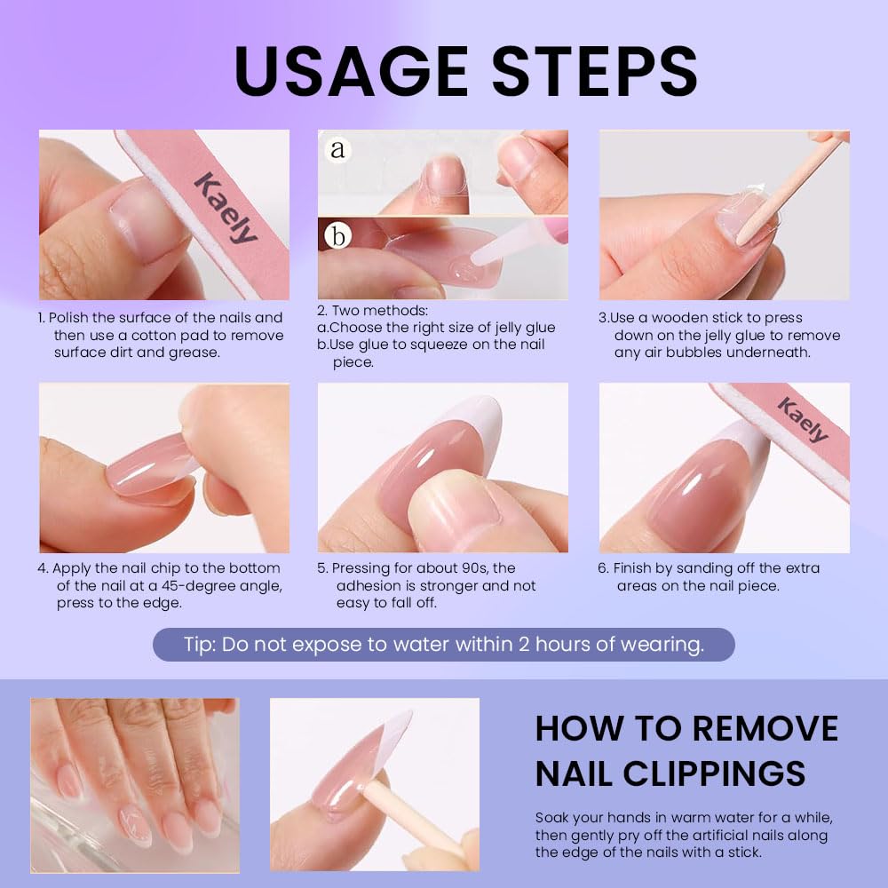 evpct French Tip Press On Nails Short Almond, Nude Pink + Gold Line & Ruby Red Tips, Glossy Short Almond Fake False Press on Nails, Reusable Gel Stick on nail Press ons with Nail Kit, Salon Quality