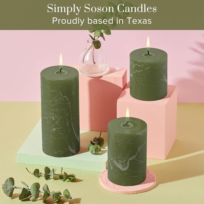 Simply Soson Rustic 2.75"x4"Dark Moss Green Pillar Candles Set of 3-Unscented Candles - Large Candle for Candle Holders-Velas Decorativas Green Candles Pillar Colored Candles Fall Pillar Candles Bulk