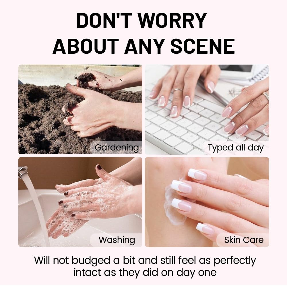 XZMeiLun 3D Pink Flower Press on Nails Medium Almond – White French Pear Designs, Acrylic Reusable Fake Nails with Adhesive Tabs Glue, Salon Quality Nail Press Ons - 24Pcs Nail Kit for Women Manicure
