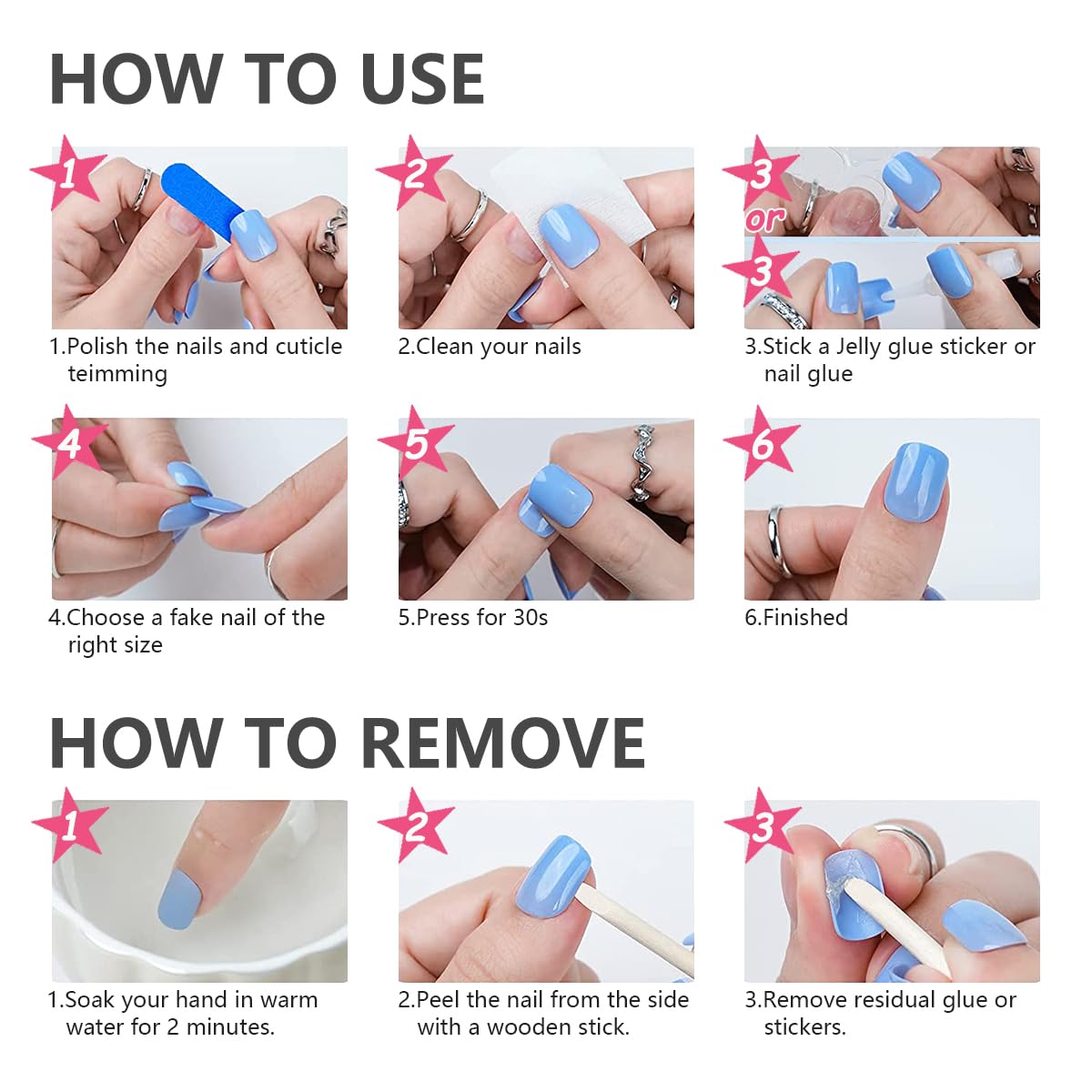 24Pcs Blue Almond Press on Nails Medium Fake Nails 3D Heart Glue on Nail Heart Bow Acrylic Nail Star Pearl Rhinestones Charms Gradient Blue White False Nails for Women Manicure Decoration