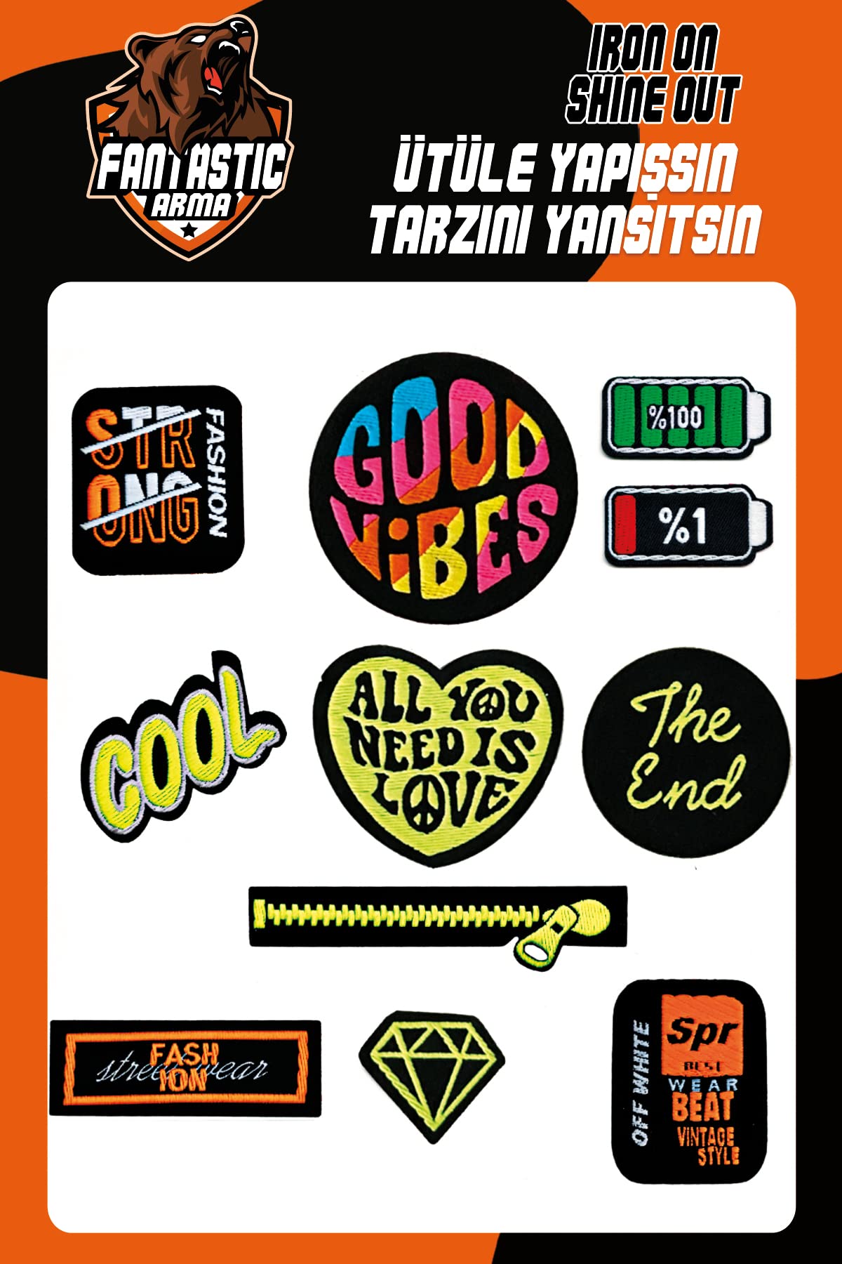 Iron-On Woven Patch Set – 11-Pack Good Vibes, Cool & Diamond Design Badges, 100% Polyester, Strong Adhesive, Easy Heat Press Application