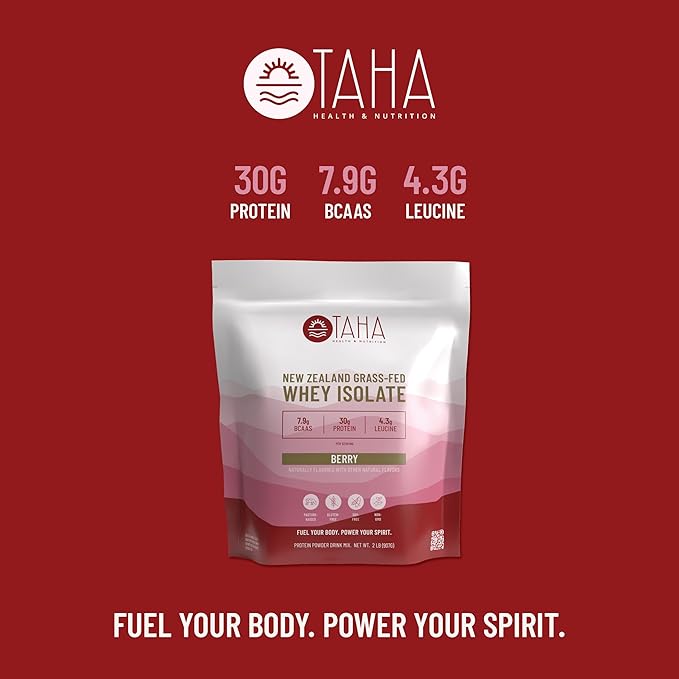 Taha Health & Nutrition Berry Whey Protein Isolate Powder, 30g Protein, 7.9g BCAAs, 4.3g Leucine | New Zealand Free-Range, Grass-Fed Dairy | Gluten-Free, Keto, Kosher | 2LB,24 Servings