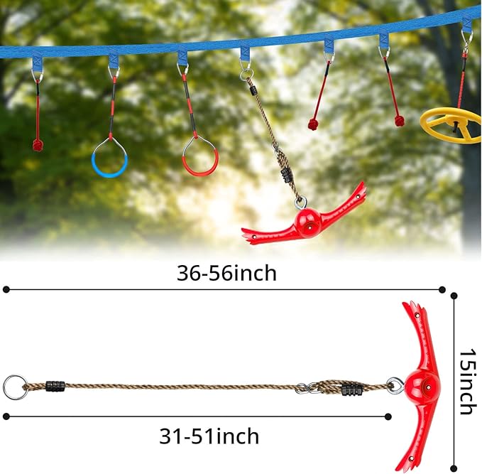 Ninja-Twister Swing Spins Set: Slackline Attachments - 360° Handle Twist-Spin Flips Toy Activate Ninja Powers Warrior Accessories Kids Hang Toys for Playground Backyard, Red