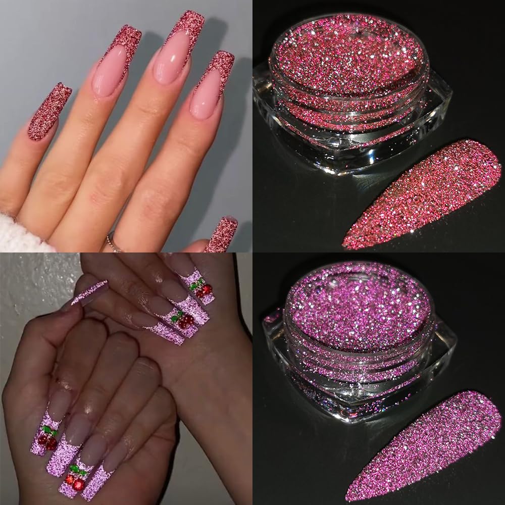 Reflective Glitter Powder Set, 8 Colors Sparkle Diamond Nail Glitter Dust, Silver Pink Purple Green Loose Glitter for Nails, Shiny Sugar Nail Powder Dipping Pigment, Nail Supplies
