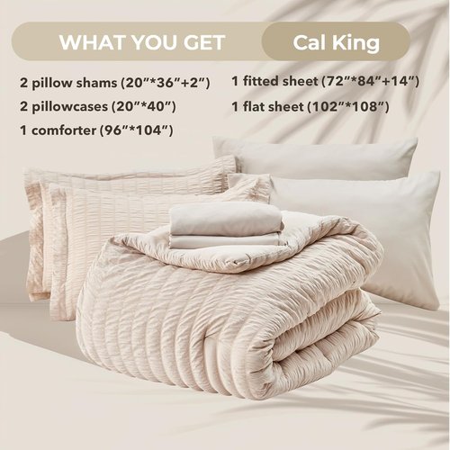 HYMOKEGE California King Comforter Set - Luxury 7-Piece Seersucker Bedding in Beige for All Seasons