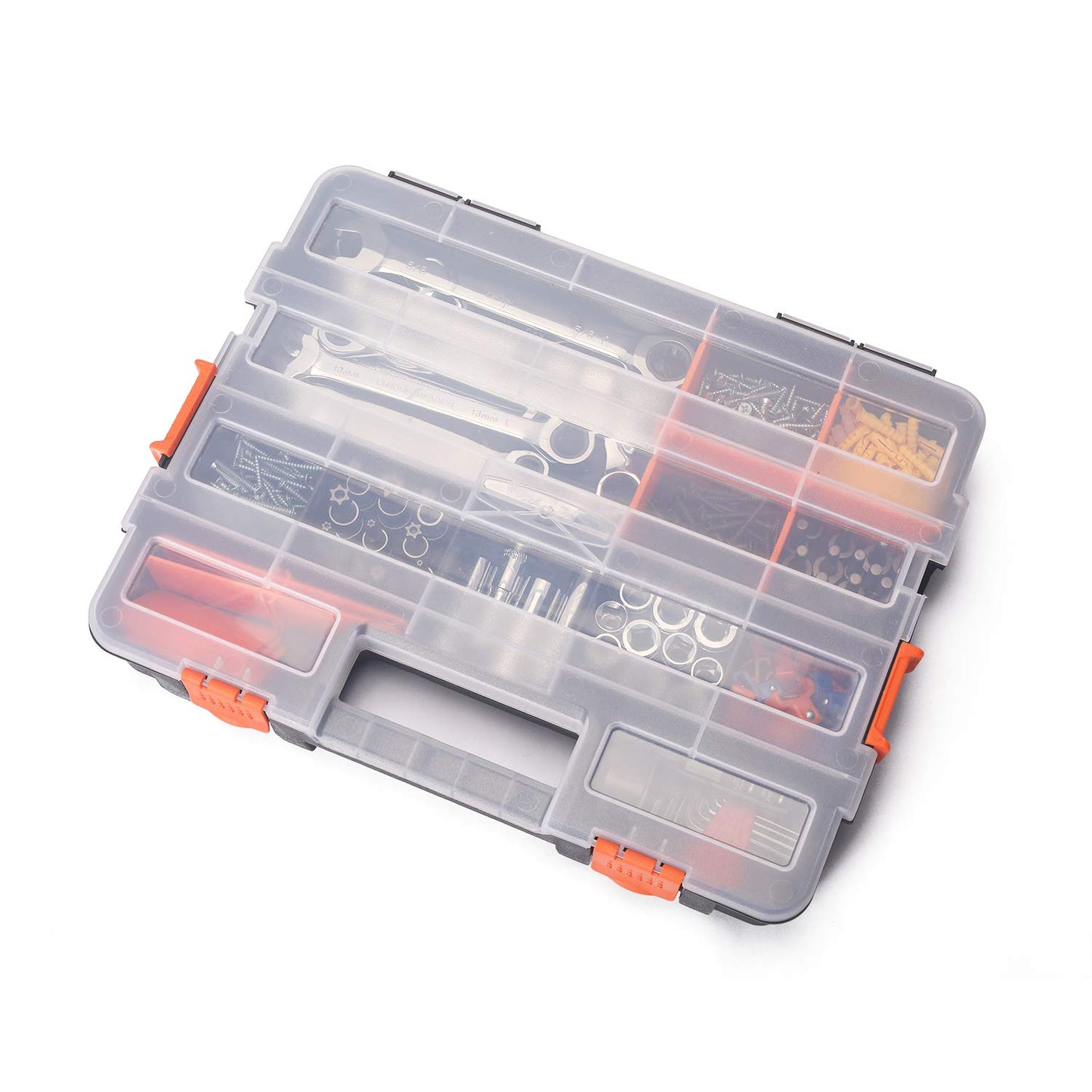 Makitoyo Tool Box Organizers, Interlocking Black Small Parts Organizer for Fasteners, Parts and Crafts w/Removable Dividers, 2 Pieces Pack, Black & Orange,15”L×11.6”W×2.6”H