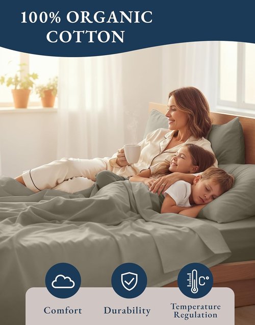 LANE LINEN 100% Organic Cotton Queen Sheets - Soft, Naturally Cooling Percale Weave Set in Silver