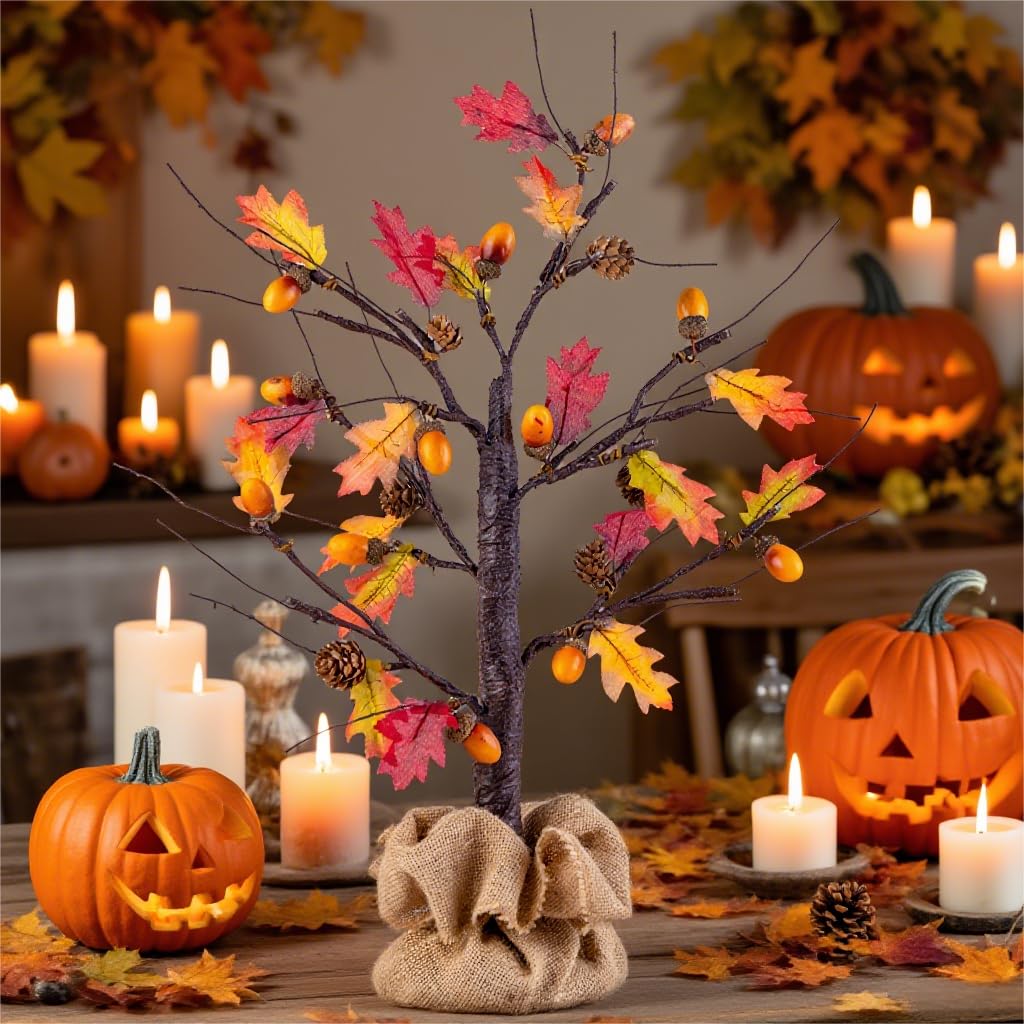 2 Pack Lighted Fall Trees 24in - Battery Operated Autumn Centerpiece with Acorns & Pinecones for Thanksgiving Halloween Decor
