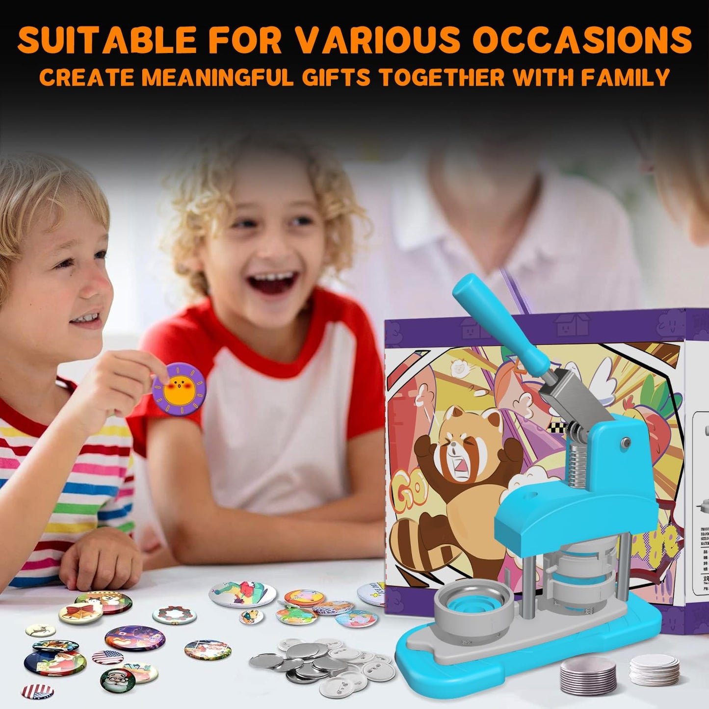 Blue Button Maker Machine 58mm (2.25 inch), DIY Button Pin Maker Machine Comes with Free Button Parts, Circle Cutter, Cutting Board, Pattern Paper, Holographic Bags, Colored Film, and Protective Case