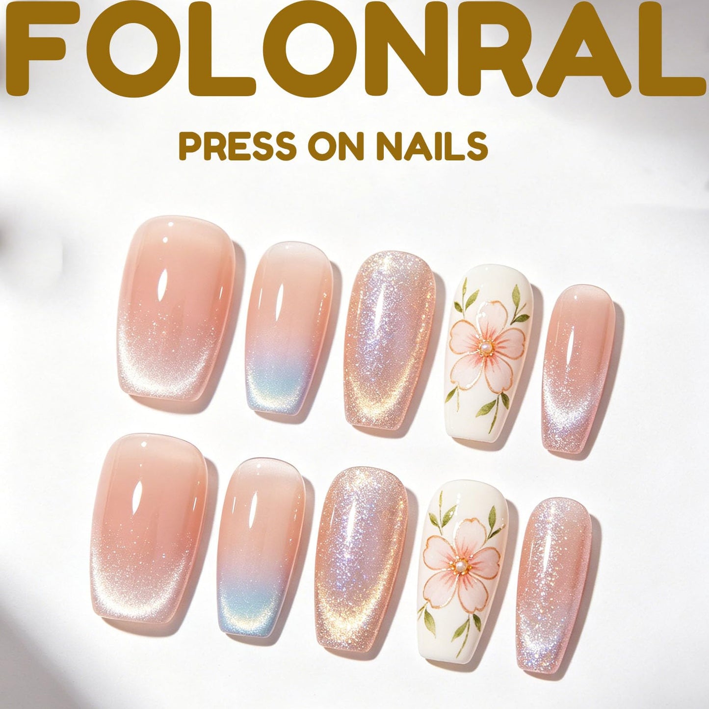 Medium Press On Brown Glossy Glue On Nails - 24Pcs Winter Fall Acrylic False Nails with Floral Designs
