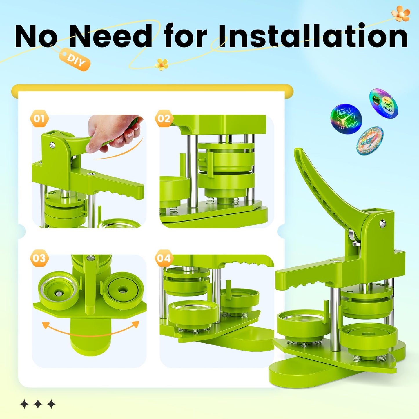 Button Maker Machine 2.25''(58mm), Pin Maker Button Press Machine W/100 Holographic Film Pinbacks,10 Fridge Magnet, 5 Keychain Sleeve, Create Fan Pins for Cosplay, Anime Meetups, Kpop