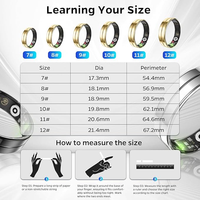 Ultra-Thin Smart Ring for Women Men,Sleep Tracker Ring with Heart Rate, Waterproof Fitness Ring for Activity Monitoring/Steps/Calories,No Subscription Fee,for iSO & Android (Glod,8#)