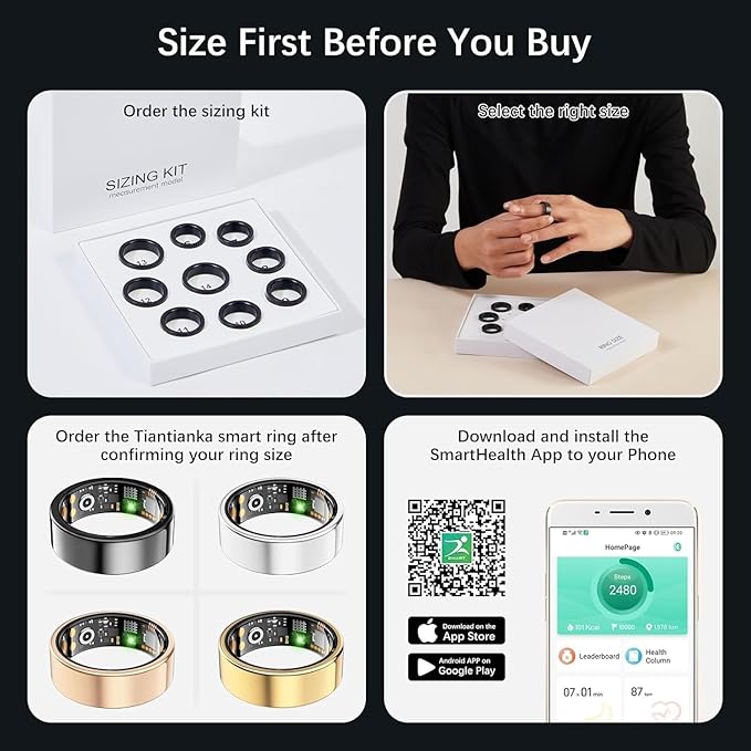 Ring Health Tracker for Women Men, Fit Ring with Heart Rate, Blood Oxygen, Sleep Monitor, Calories, Step Counter, IP68 Waterproof Smart Ring for iPhone & Android, No Subscription Fee (Silver, 7#)