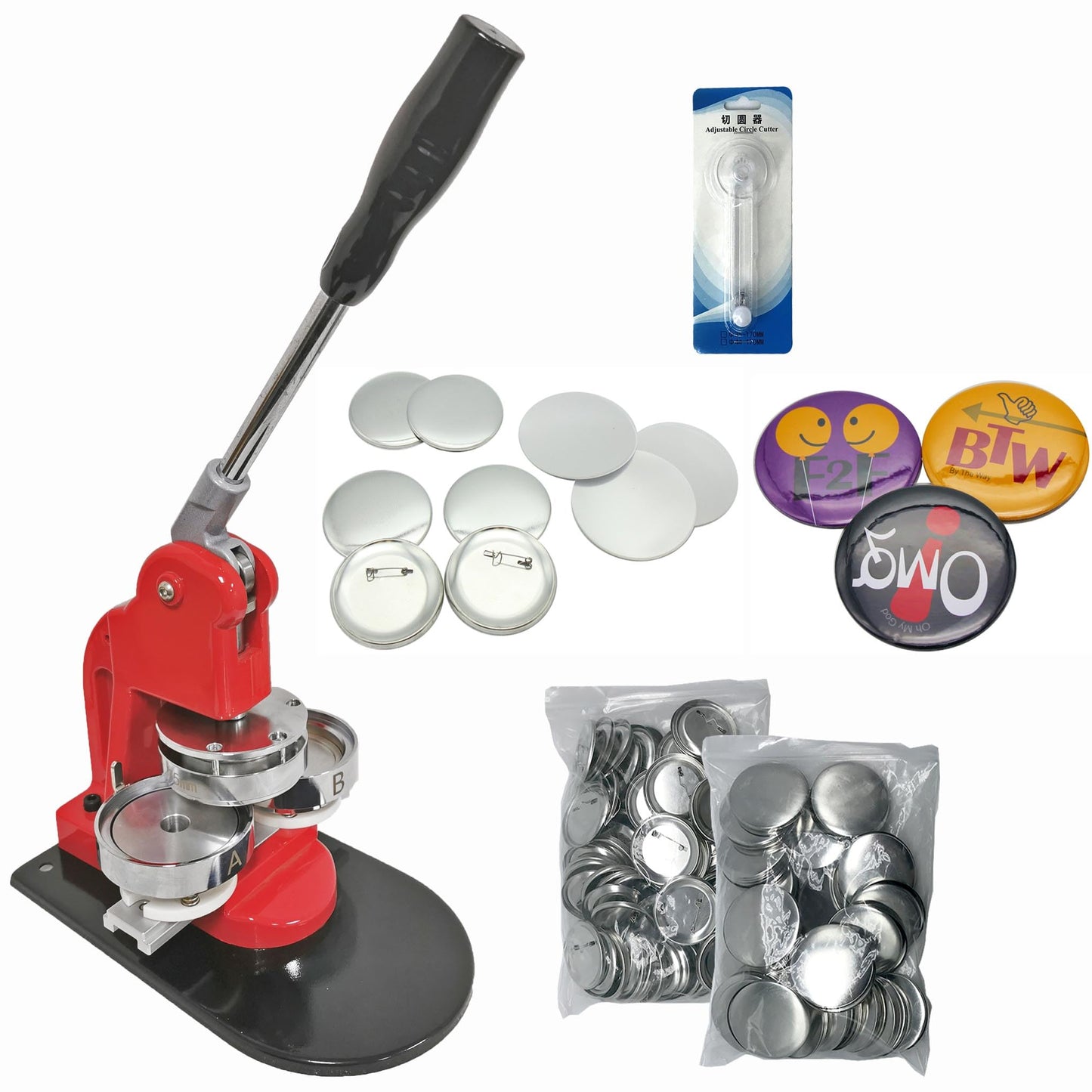 Chibuttons Kit 75mm (3") Button Badge Press Machine Maker-1 + 75mm Round Die Moulds + Adjustable Circle Cutter + 100 Pin-Back Button Components