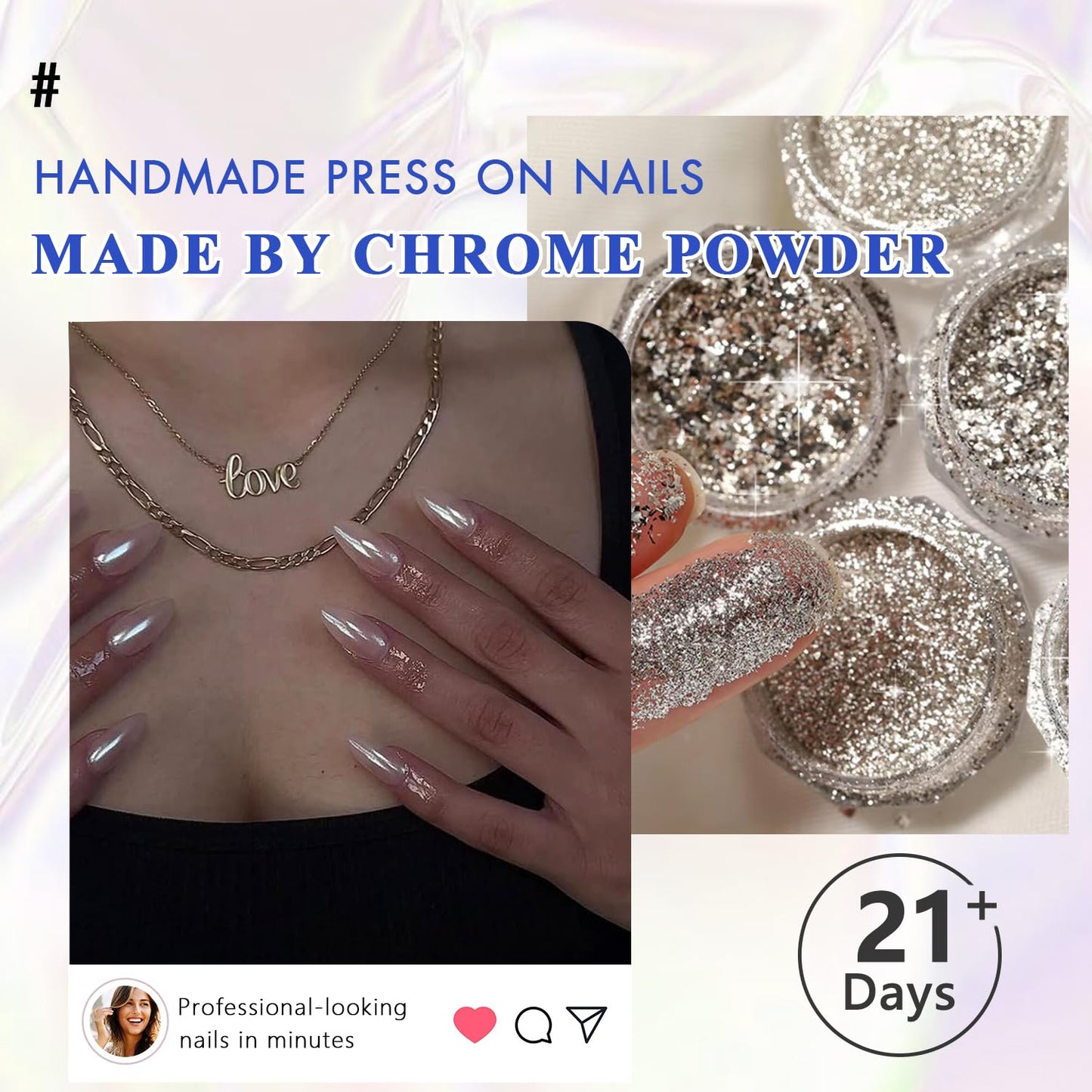 Ombre Hot Pink Press On Nails Almond - KQueenest Chrome French Press On Nails Medium, Glazed Soft Gel Fake Nails Press ons, Glitter Glue on Nails Medium Stiletto, Stick On Nails for Women, 24 Pcs