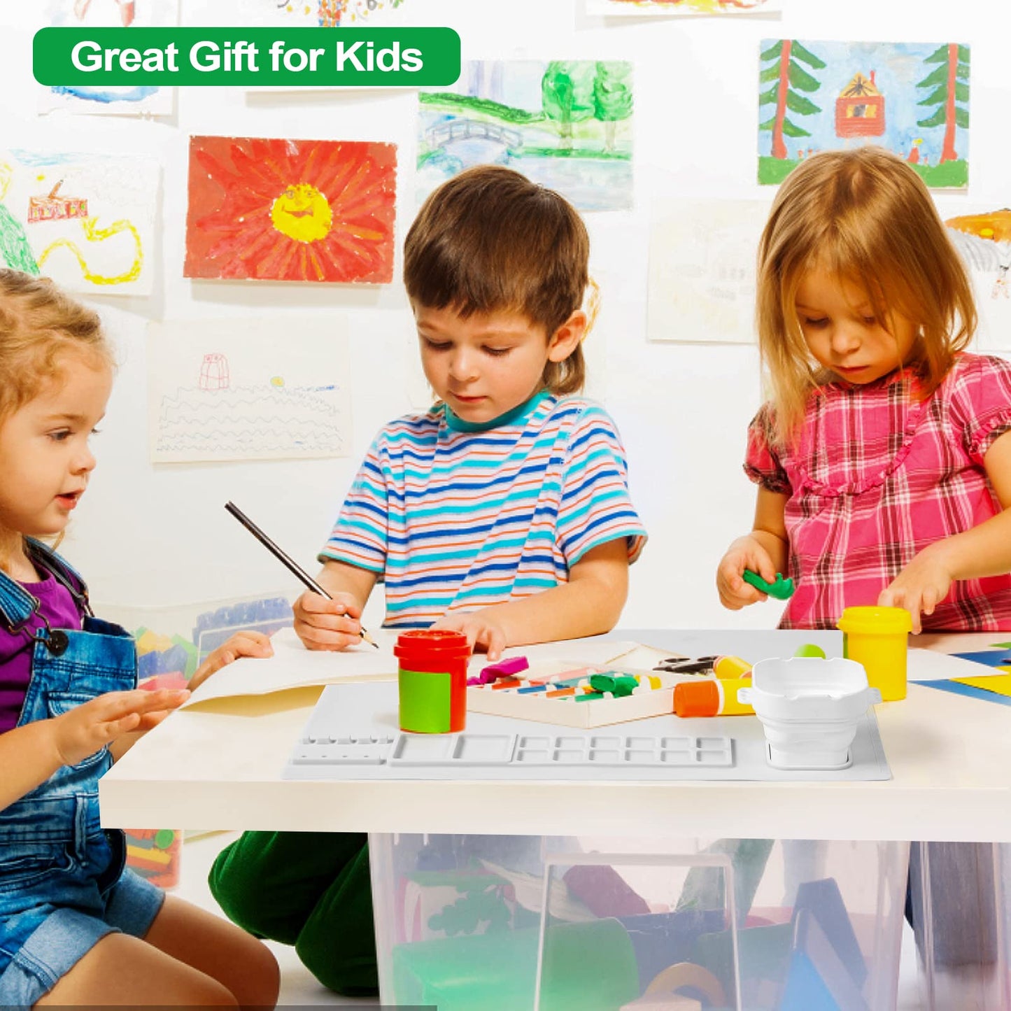 AWOKE Silicone Painting Mat - 20"X16" Silicone Art Mat with 1 Water Cup for Kids - Craft Mat has12 Color Dividers - 2 Paint Dividers (White),Toddler Activities,3 4 5 Year Old Girl Boy Birthday Gifts