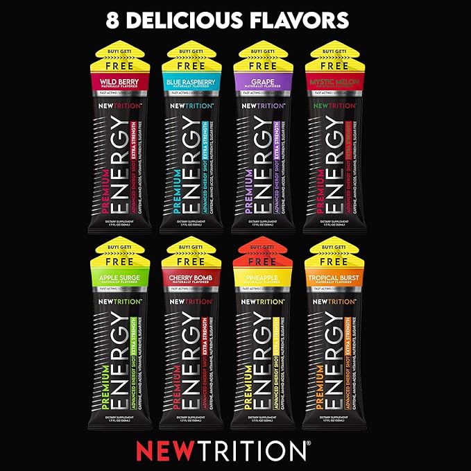 NewTrition® Extra Strength Energy Shots, 250mg Caffeine Energy Shots with Vitamin B & Amino Acids, Sugar-Free Vitamin Energy Shot, 1.7 fl oz (Pack of 6, Wild Berry)