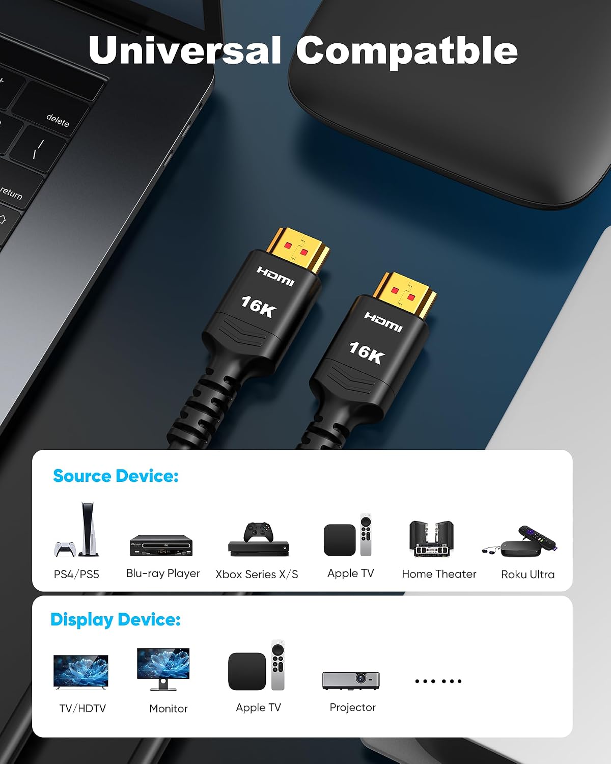 16K 10K 8K 10FT, 8K@120Hz 144Hz 2.2 96Gbps, Highwings HDMI Cable HDMI Cord Ultra High Speed Durable, Flexible