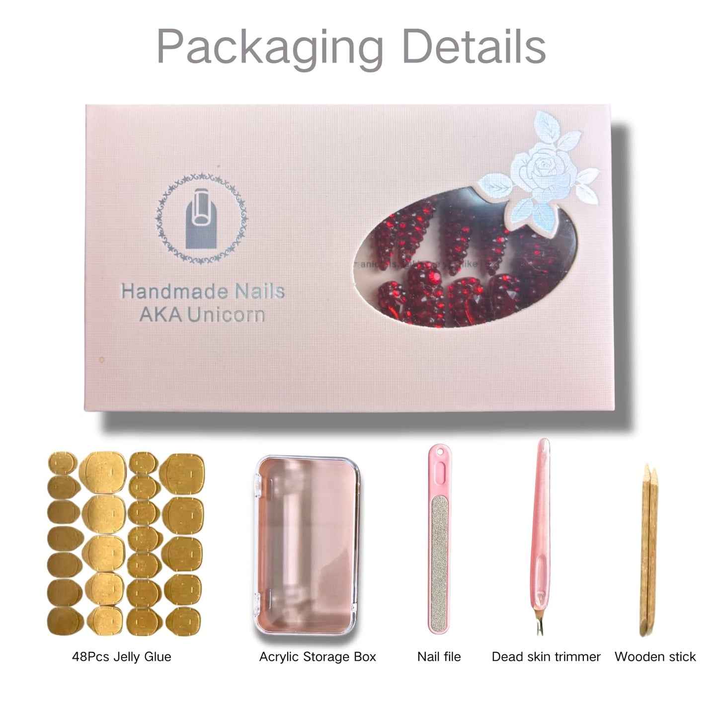 AKA Unicorn Handmade Press On Nails Medium Almond Shape,10Pcs Red Rhine stone Acrylic Fake Nails,Glue On Nail with 3D Charms for Woman Daily Wear&Wedding(Design Concept:Forever Love)