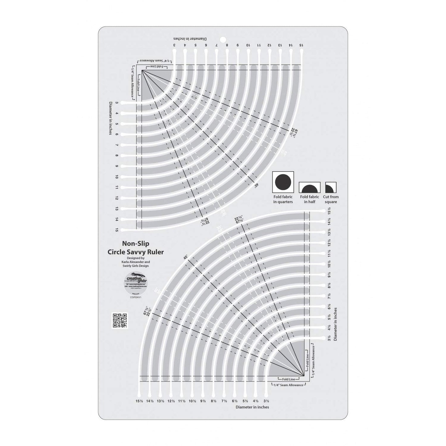 Creative Grids Circle Savvy 11-3/4in x 18-1/2in Quilting Ruler – CGRSAV1 – Made in USA, Non-Slip Grip Acrylic Fabric Strip Cutting, Sewing, Crafting, Patchwork Ruler & Template