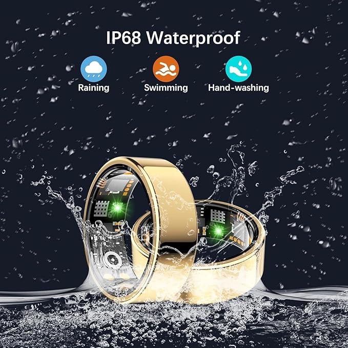Health Tracker Ring, Smart Health Ring for Women Men with Heart Rate, Blood Oxygen, Sleep Monitor, Steps,Calories, No Subscription Fee, IP68 Waterproof Smart Ring for iPhone & Android (Gold, 8#)