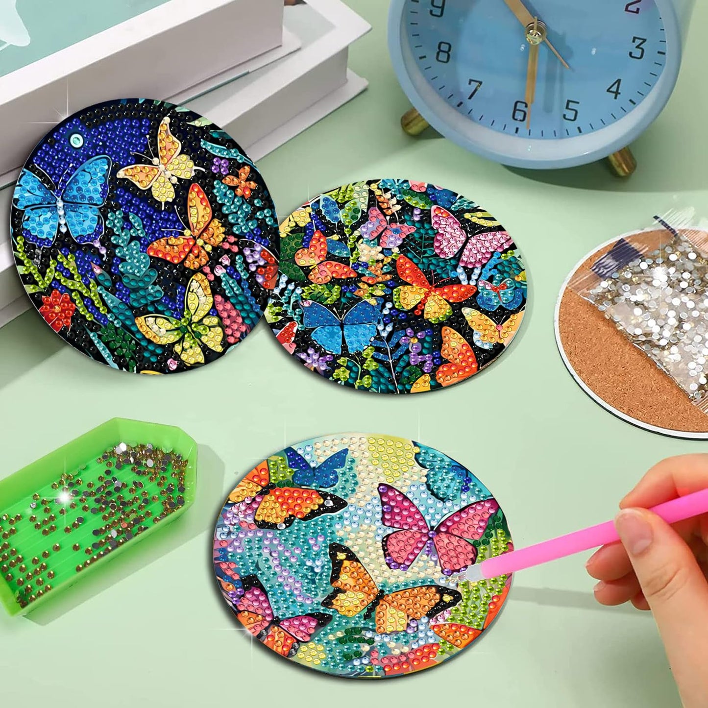 EWJRNSF 8 PCS Diamond Art Coasters Kit, Small Diamond Painting Coasters, Fall Butterfly Diamond Art Kits for Adults Beginners, Arts and Crafts Supplies Item Sets with Holder