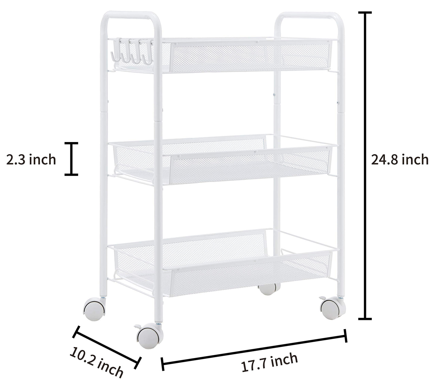 JANE EYRE 3-Tier Rolling Utility Storage Rack Cart on Wheels, Trolley Craft cart, Multi-Purpose Organizer Shelf, White