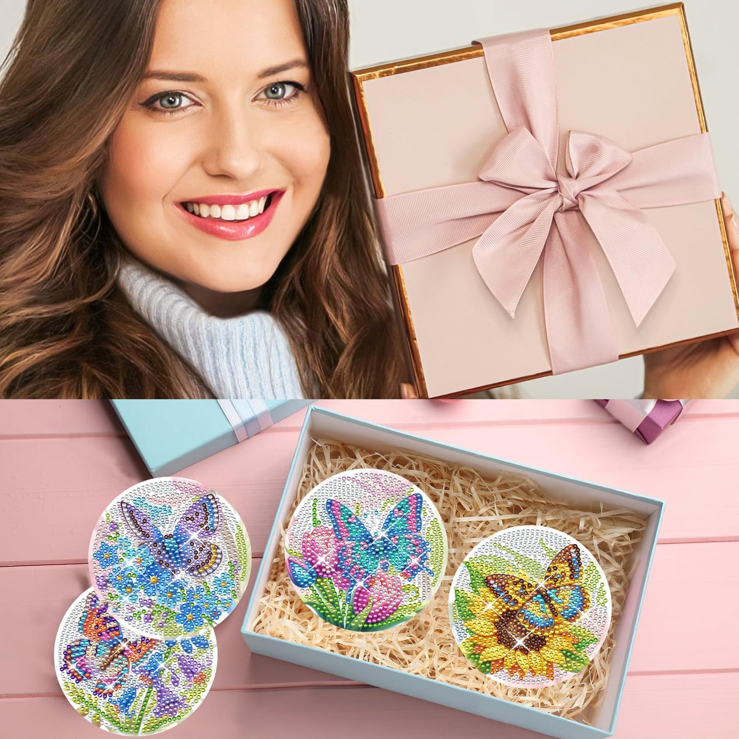 TDOOW Diamond Art Painting Coasters Kit, 8 Pcs Colorful Butterfly Diamond Art Coasters with Holder, DIY Diamond Painting for Adults Beginners