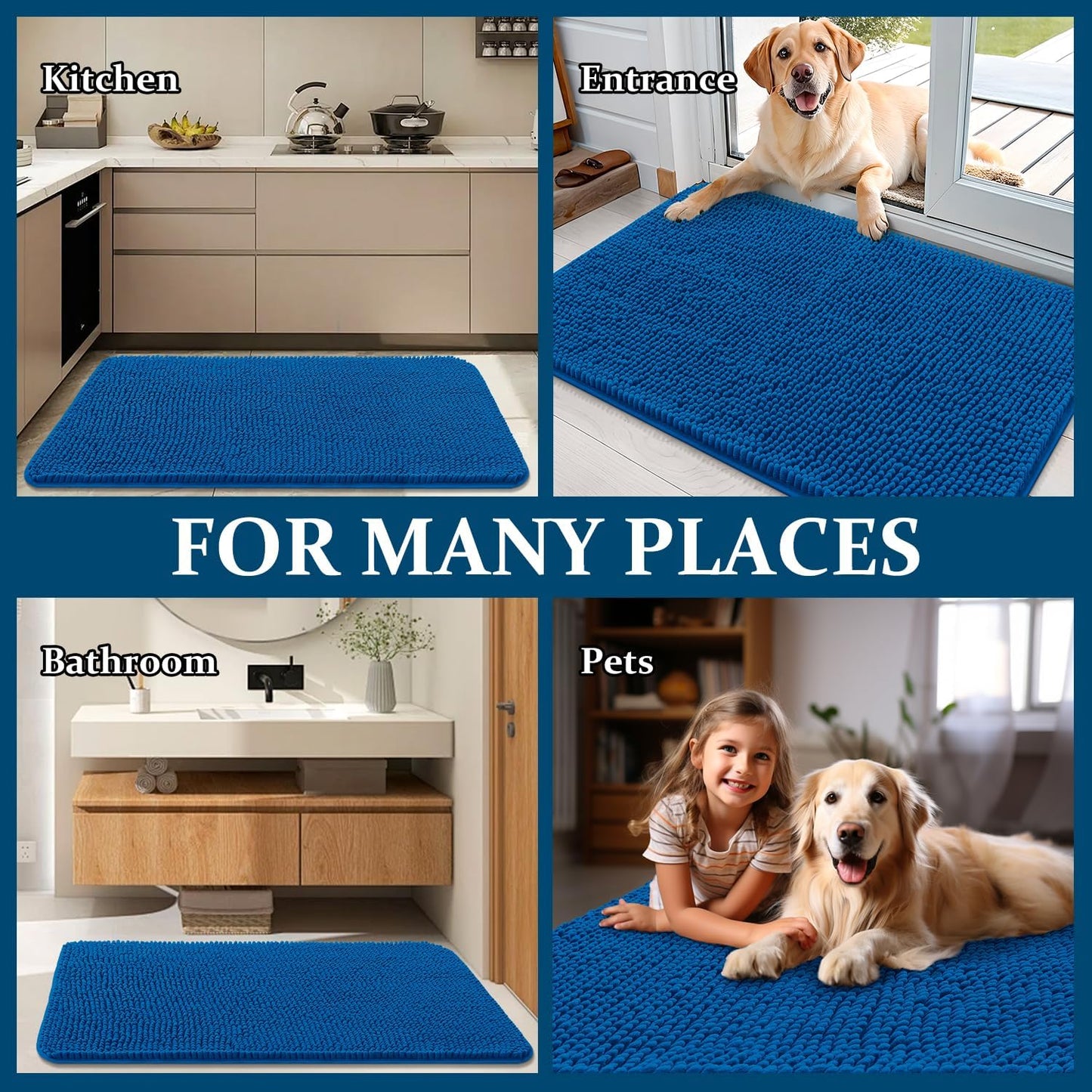 OLANLY Dog Door Mat - Absorbent Non-Slip Washable Doormat for Muddy Paws | 47x24 Deep Navy Blue