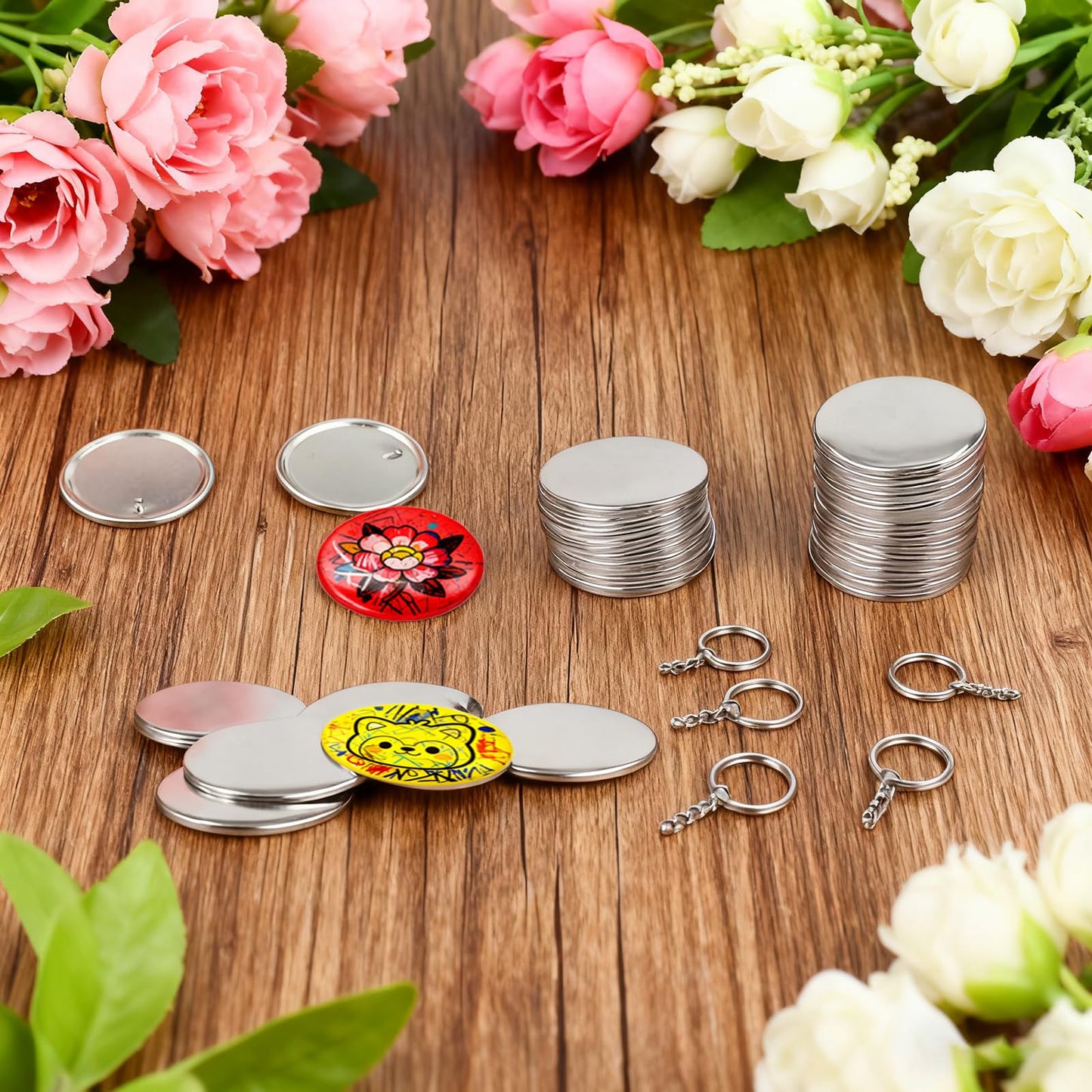 PEDOBALI 110 Sets 58 mm/ 2.25 Inch Button Maker Keychains Supplies Including Plastic Film, Metal Shell, Keychain, Backing Parts Metal Button Badge Sets for DIY Christmas Gifts Maker Machine