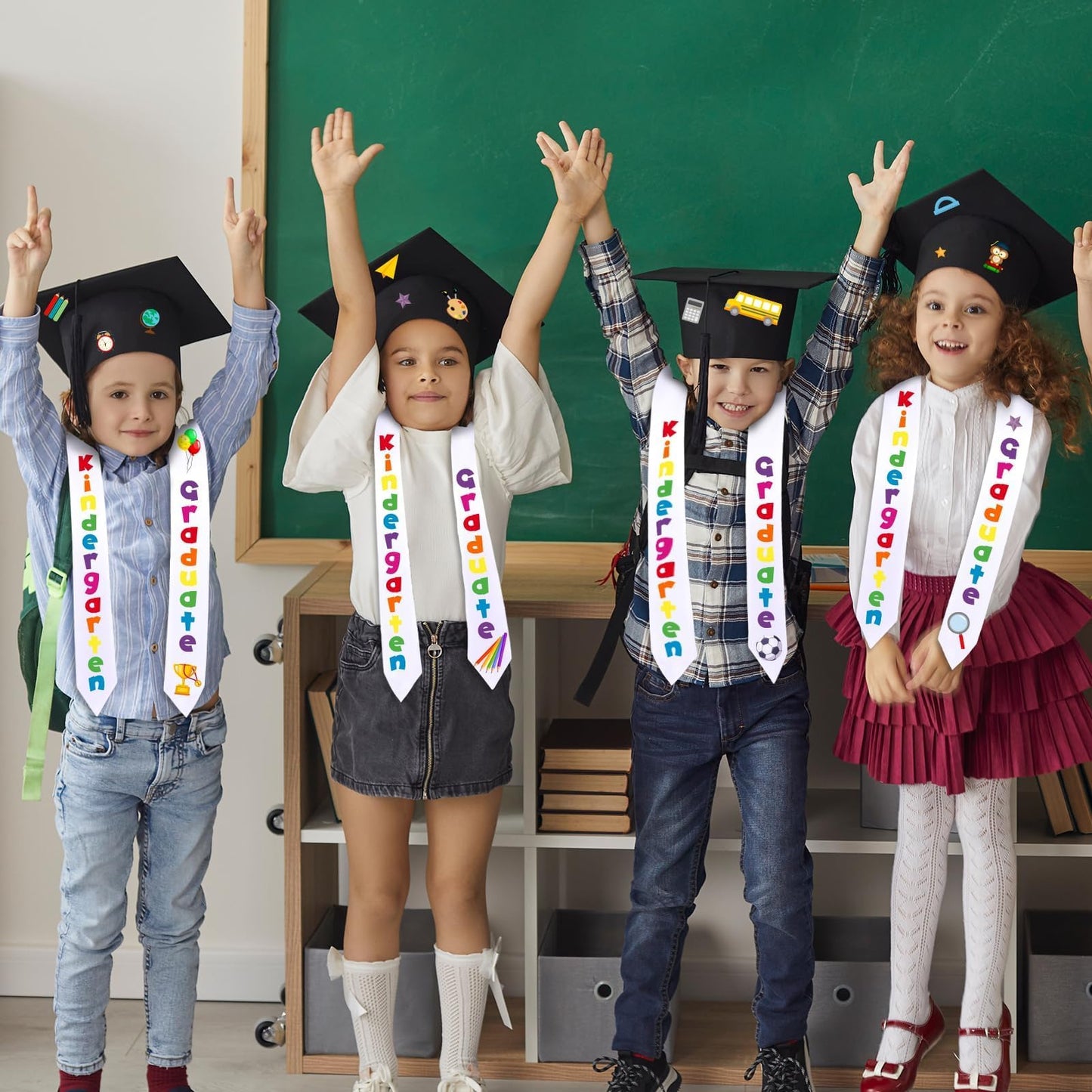 6 Pcs 2026 Preschool Kindergarten Graduation Cap Stole Iron on Letter Set Unisex Cap and Graduation Sash Sublimation Blank Stole Graduation Gifts for Kids Iron on Letters for DIY Craft