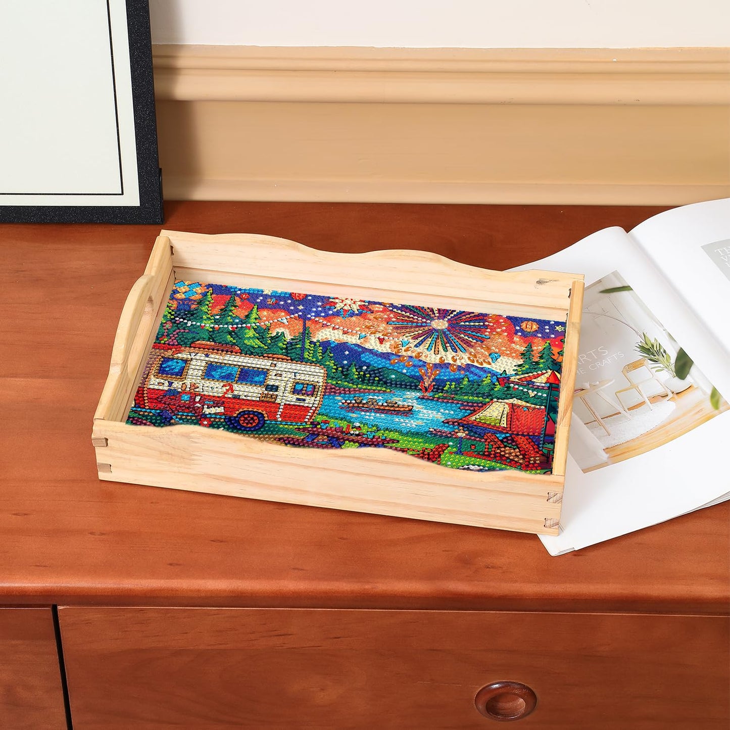 DOTSOPS 5D Diamond Art Kits for Adults Wooden Serving Tray with Handle Special Diamond Painting Plate Big Gem Dots Paint by Numbers Crafts Kits for Living Room Carnival 7.8x11.8 Inches
