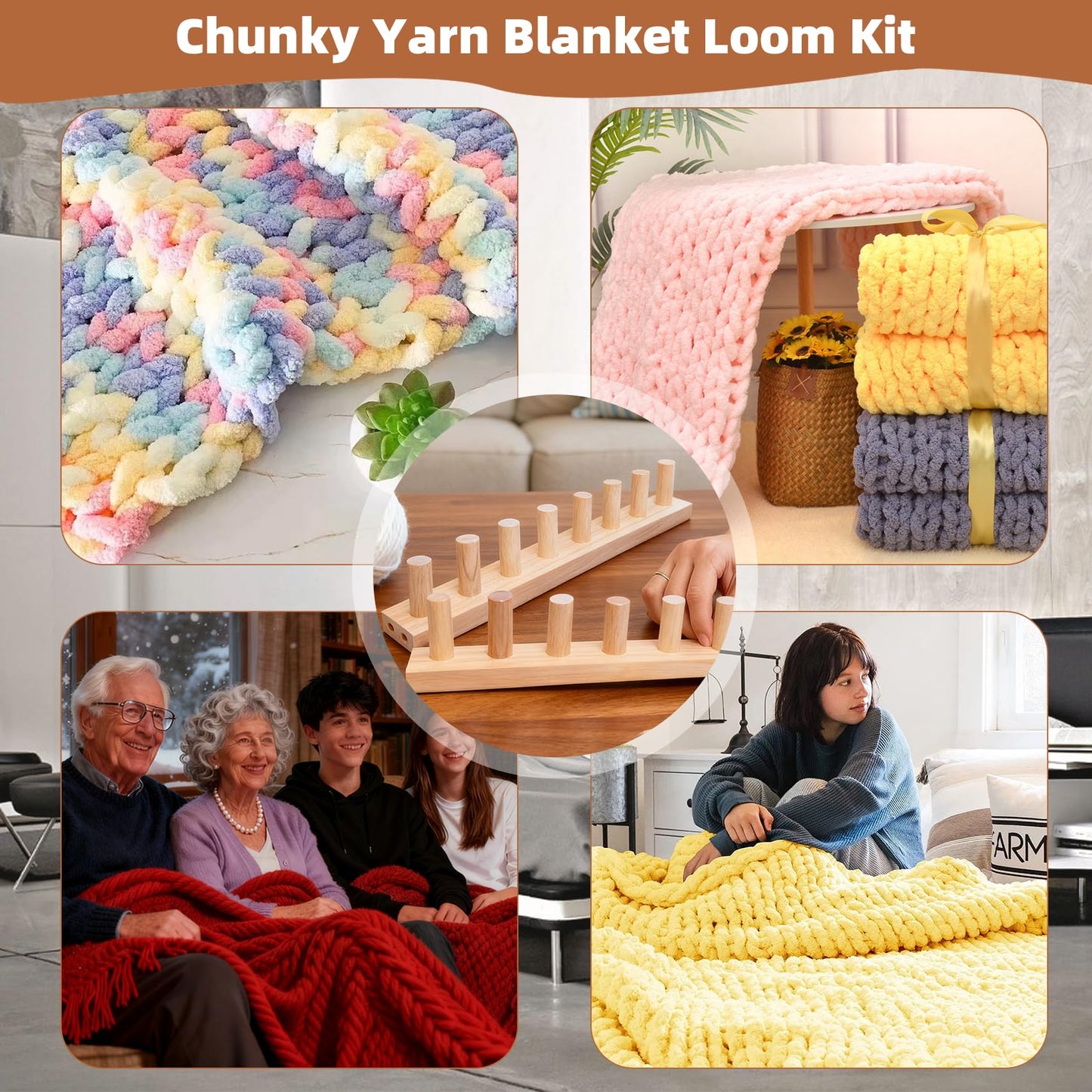 QAMGCYW 45" Chunky Yarn Loom, Beginner Hand Knitting Loom with Detachable Wooden Frame, Adjustable Size No Needles, DIY Blanket Weaving Loom, Premium Wood No Coating