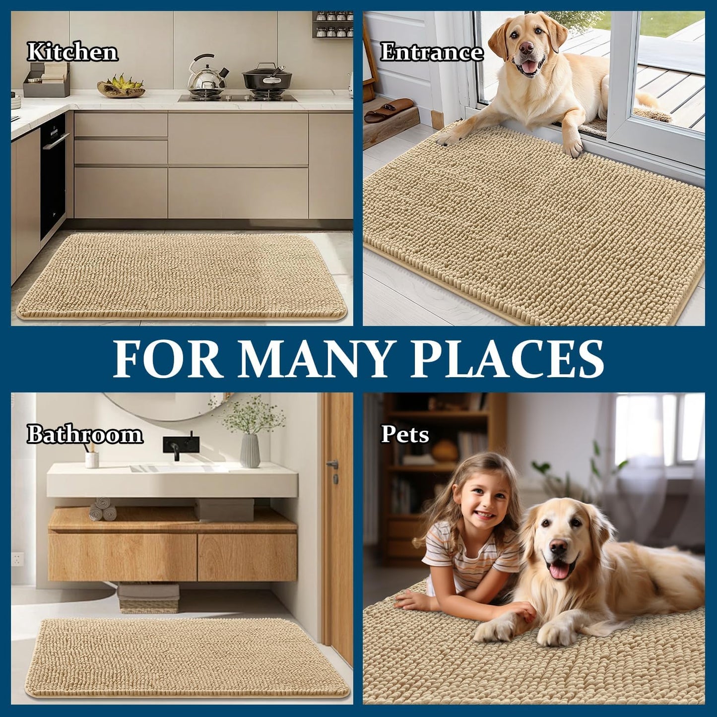 OLANLY Dog Door Mat - Absorbent Non-Slip Chenille Mat for Muddy Paws | 59x32 Inches, Beige