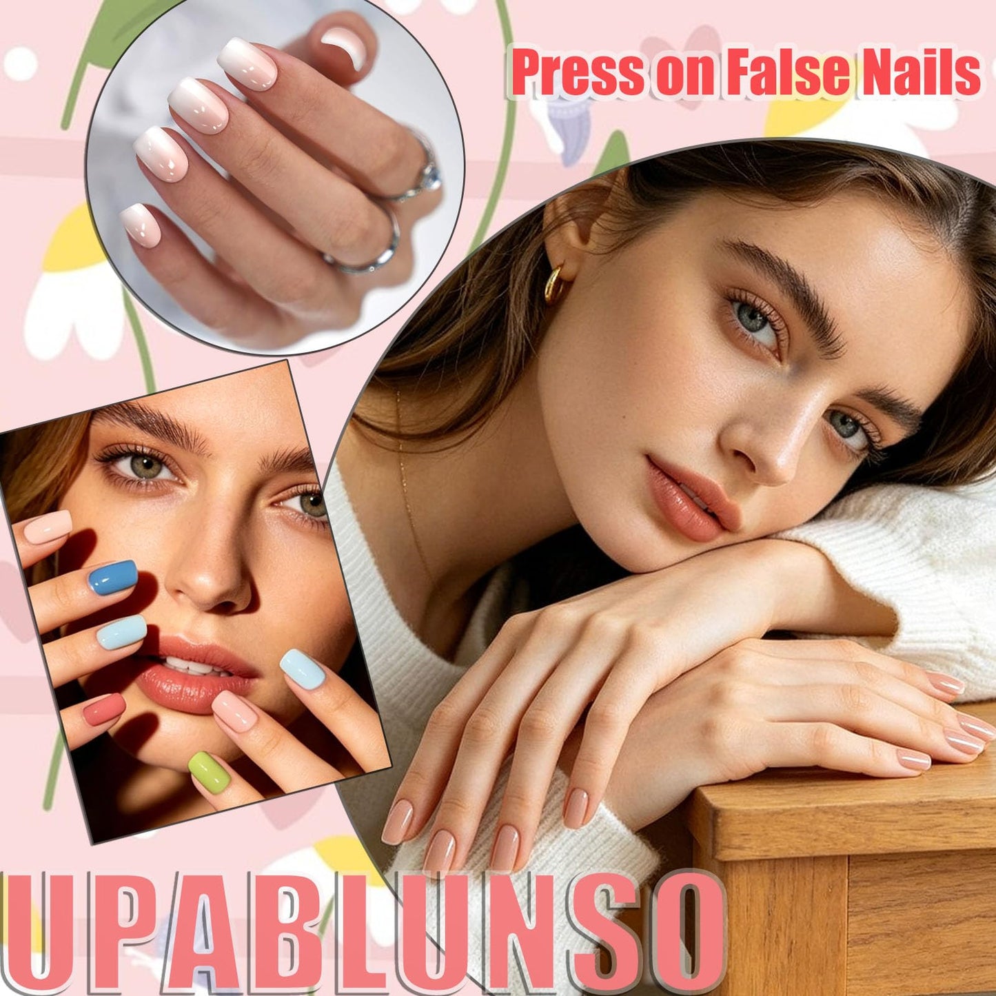 French Tip Press on Nails Short Square Fake Nails Pink Full Cover False Nail Press ons White & Leopard Print Glue on Nail with Flower Designs Glossy Artificial Acrylic Manicure Set for Women 24Pcs