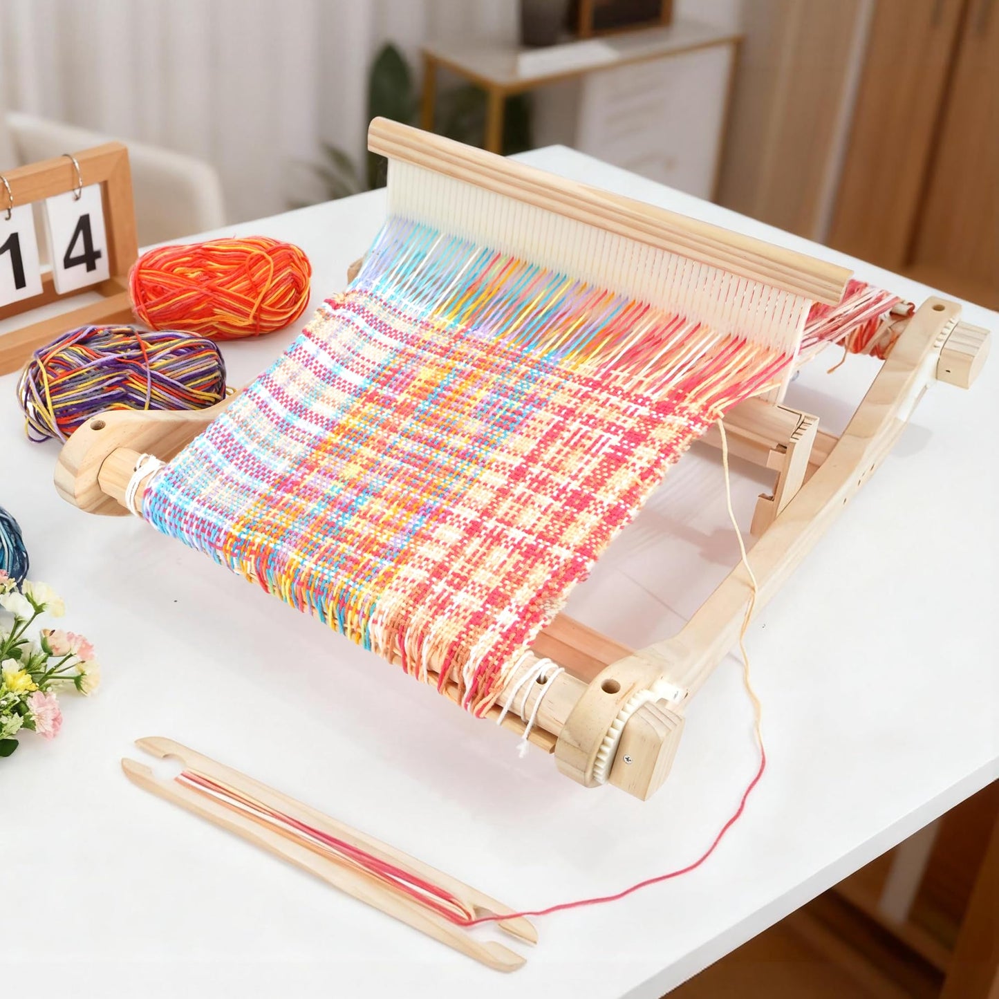 PURCOULEUR 16 Inches Rigid Heddle Loom with Holder, Wooden Weaving Loom for Adults, Multi-Craft Frame Loom for Beginners, Threads Warping Frame with Peg, Yarn Stand, Heddle Shed Stick Weaving Loom Kit
