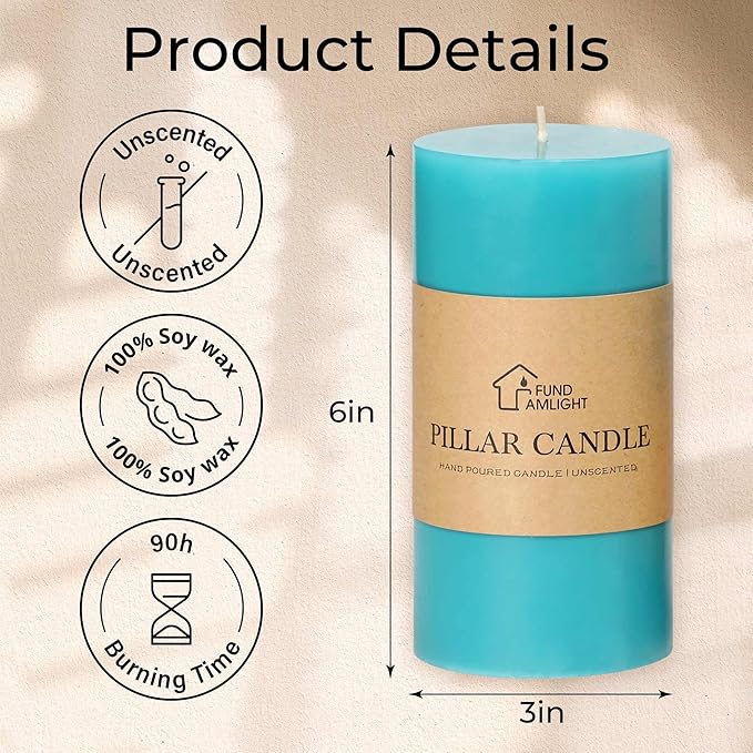 3x6 Inch Blue Pillar Candles Set of 3 - Unscented Pillar Candles, Long Burning Dripless Candles for Spring Home Table Decor, Smokeless Large Pillar Candle for Wedding, Dinner, Christmas, Rustic Decor