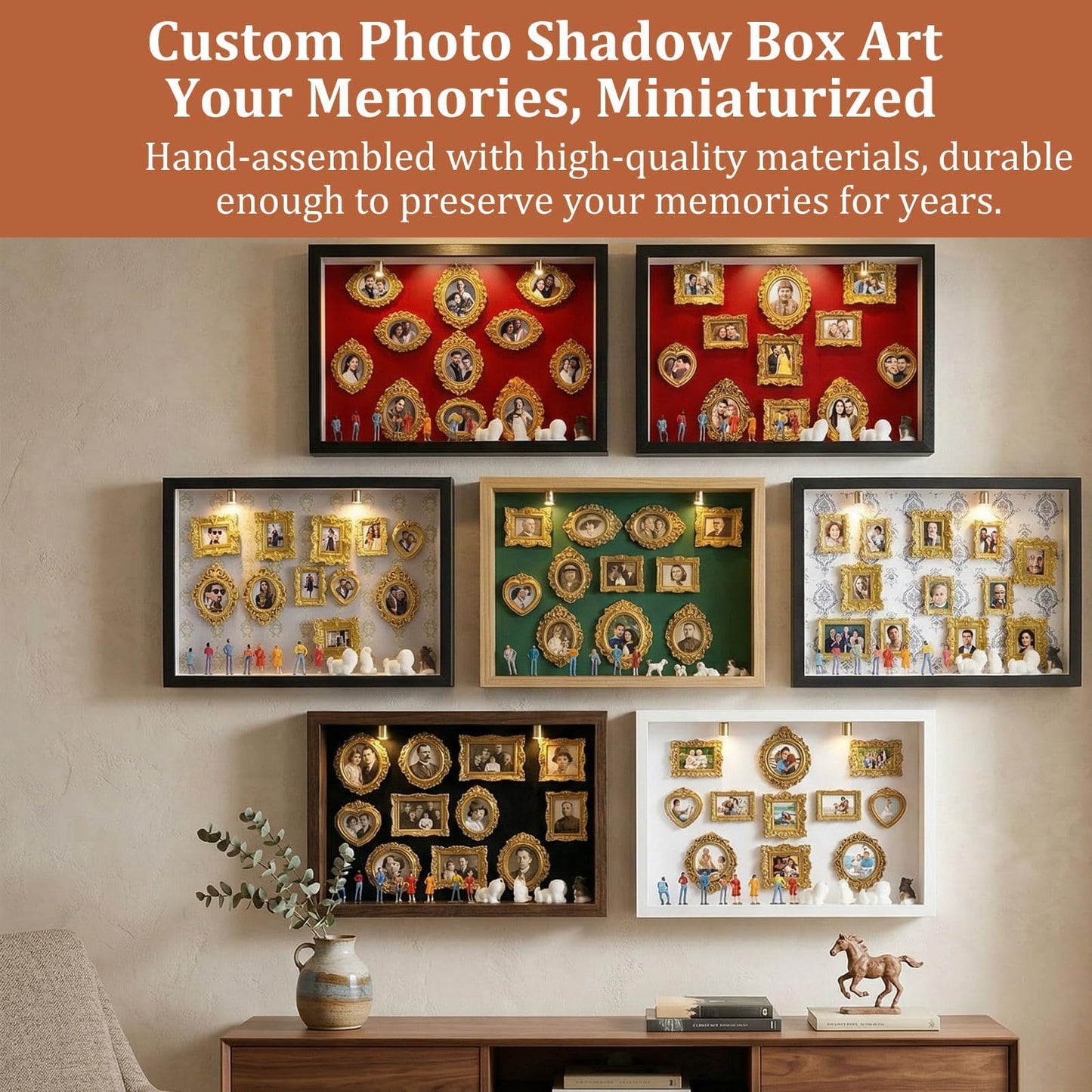 All-in-One DIY Shadow Box Kit,Mini Gold Frames with Museum of Figurines | LED-Illuminated Silhouette Box Memory Collage | Anniversary/Wedding Eco-Friendly Decor Gift (F Style)