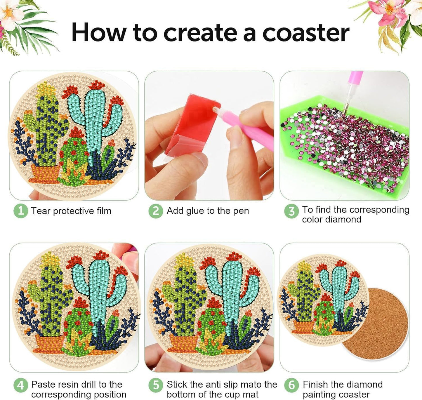 mrpwnle 8 Pcs Cactus Diamond Art Coasters Kit for Adults, Cactus Flowers Diamond Painting Coasters with Holder Cork Pads, DIY Diamond Art Non Slip Coaster Crafts Kits for Adults Beginners Gifts