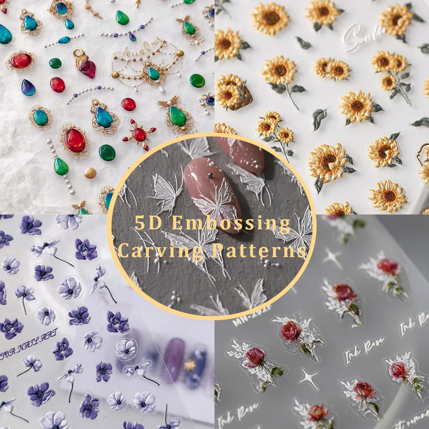 Butterfly Nail Stickers 5D Embossed Nail Art Decals Self-Adhesive Black Bows Nail Stickers for Nail Art DIY Flower Nail Art Decorations for Women