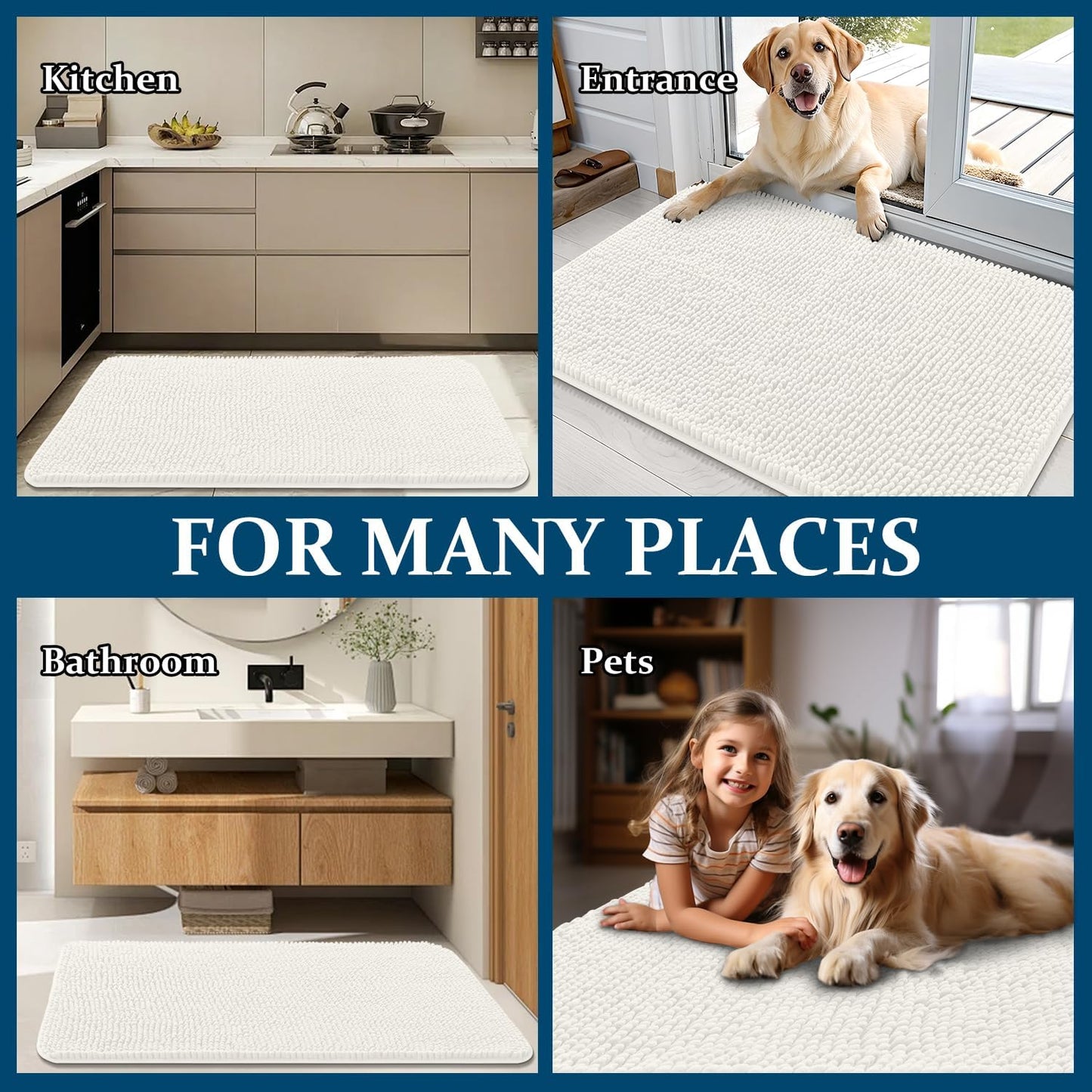 OLANLY Dog Door Mat - Absorbent Non-Slip Mud Mat for Dogs | Quick Dry Chenille, 47x20, Ivory