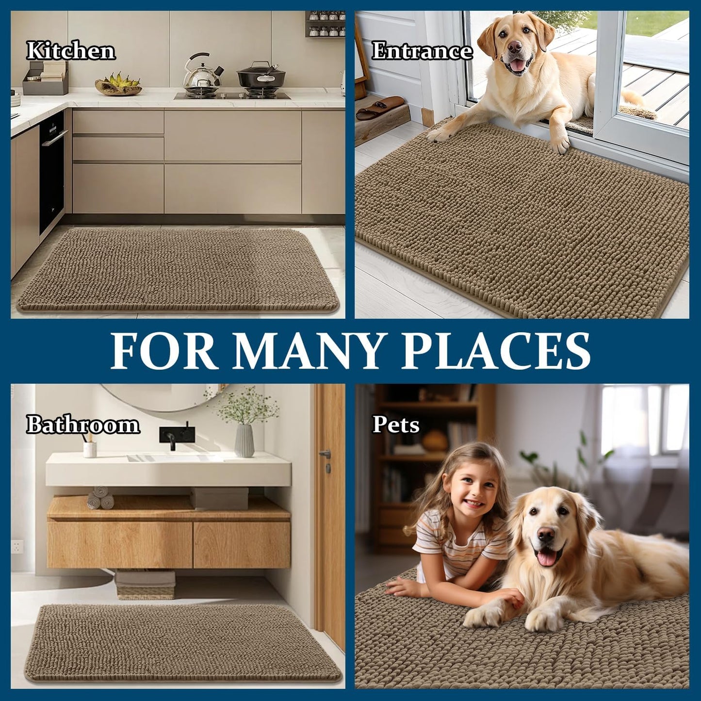 OLANLY Dog Door Mat - Absorbent Non-Slip Chenille for Muddy Paws | 70x24 Inches, Quick Dry Tan Doormat