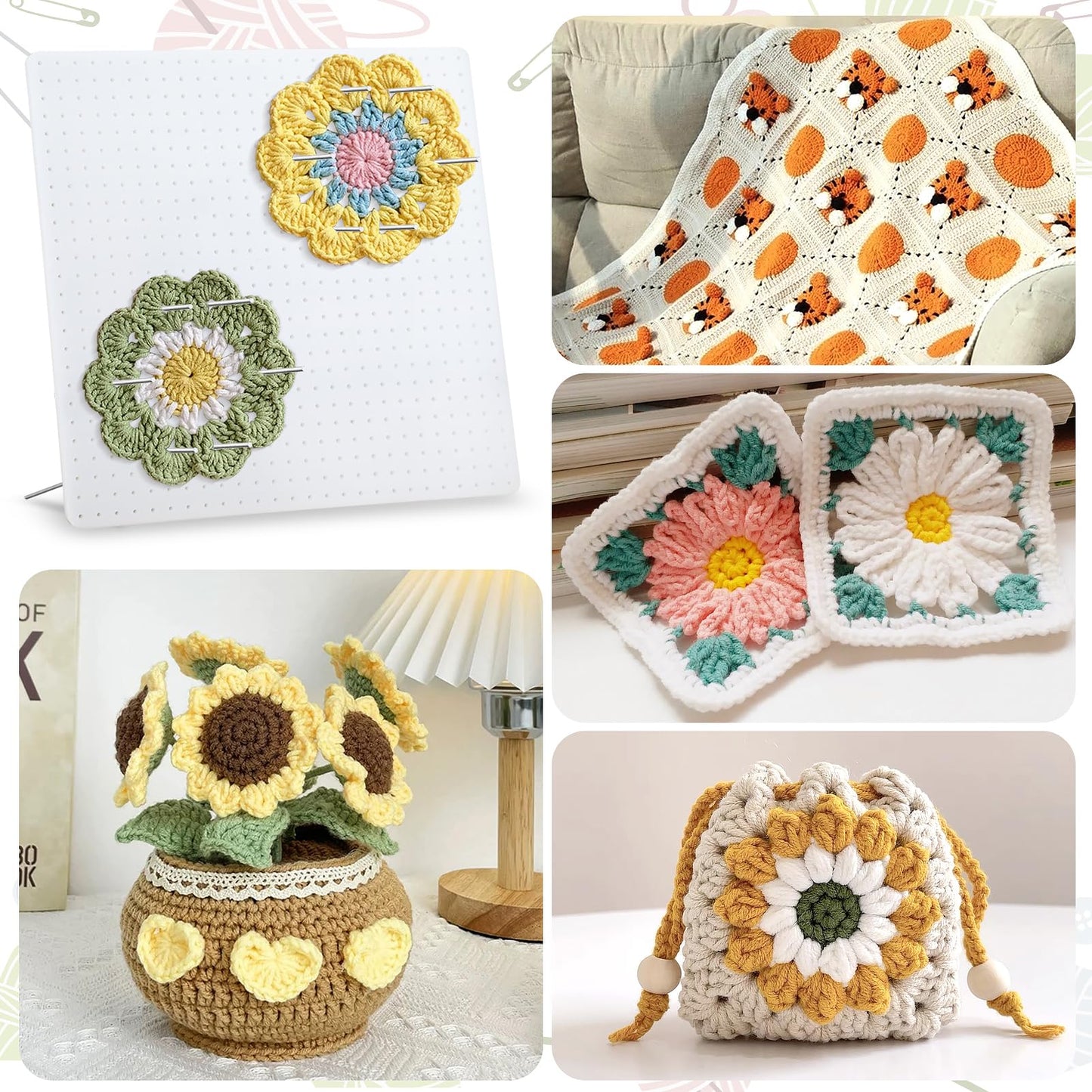 13” Washable Crochet Blocking Board with 20 Pegs/Pins, Upgraded Plastic Blocking Boards for Crochet Projects with Adjustable Tilt Angle, Granny Square Blocking Board for Crocheters, Beginners, Mothers